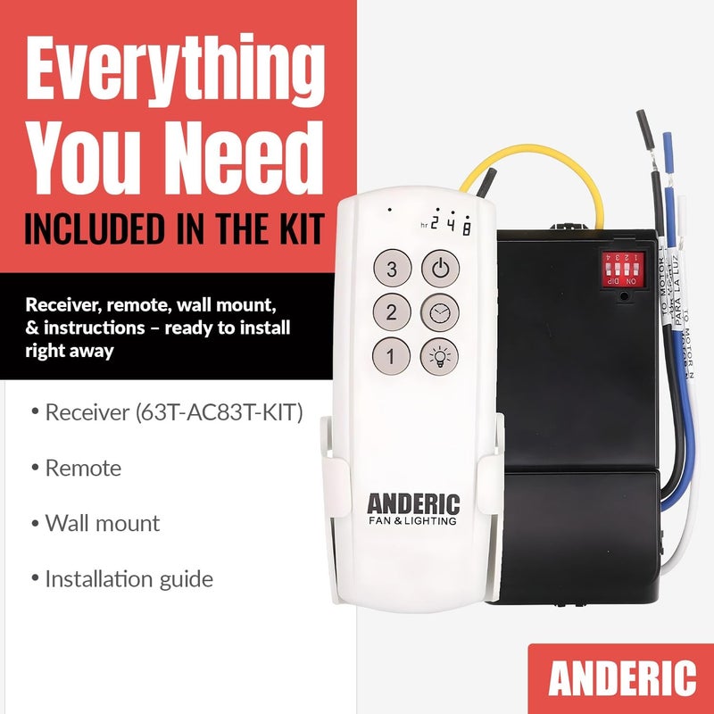 Anderic Ceiling Fan Remote Control Kit Universal for 3-Speed Fans with Fan Timer and Light Control 3-Speeds, Compact Receiver 63T-AC83T-KIT - Image 2